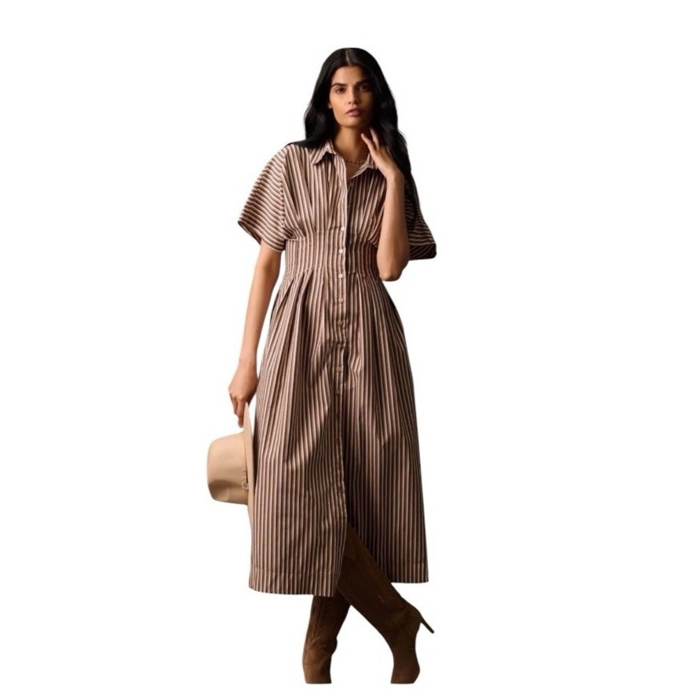 Anthropologie Exquise Tobie Button Down Midi Dress Motif Stripe Size XL P Brown